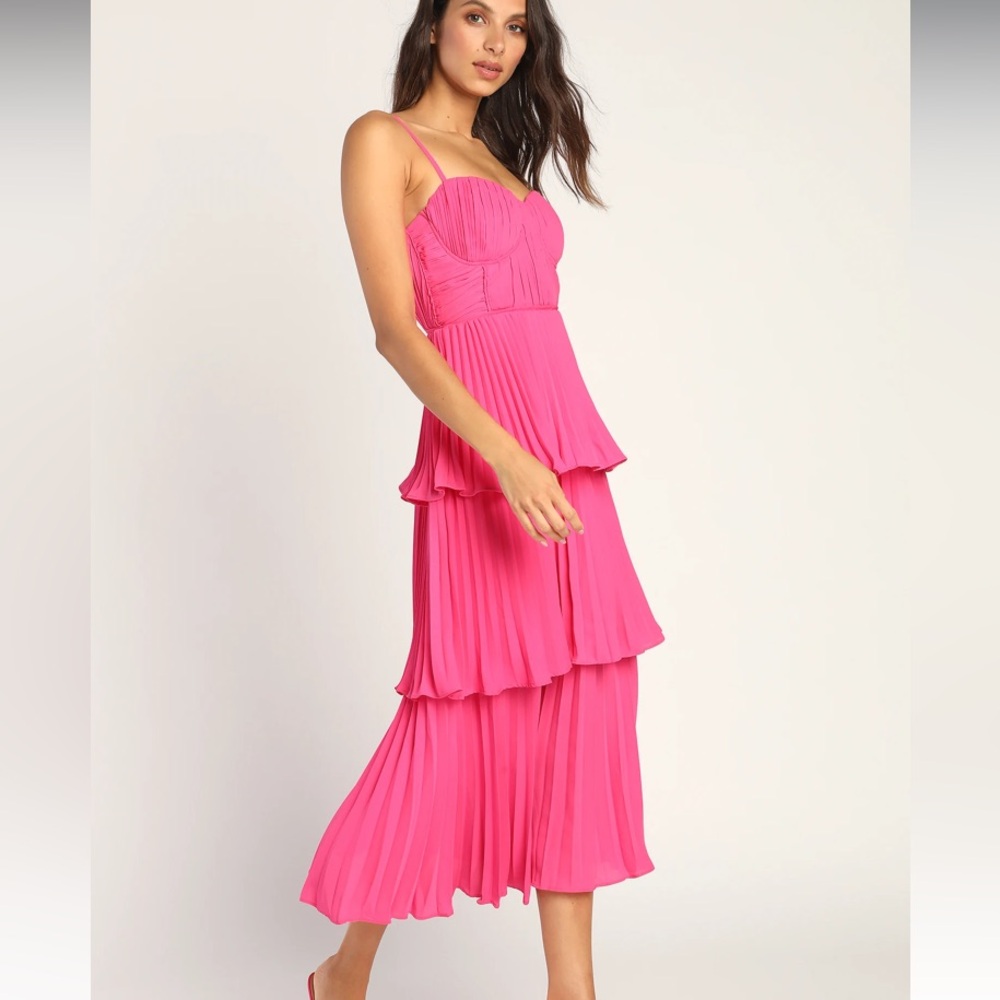 Lulus Hot Pink Tiered Ruffle Pleated Midi Dress